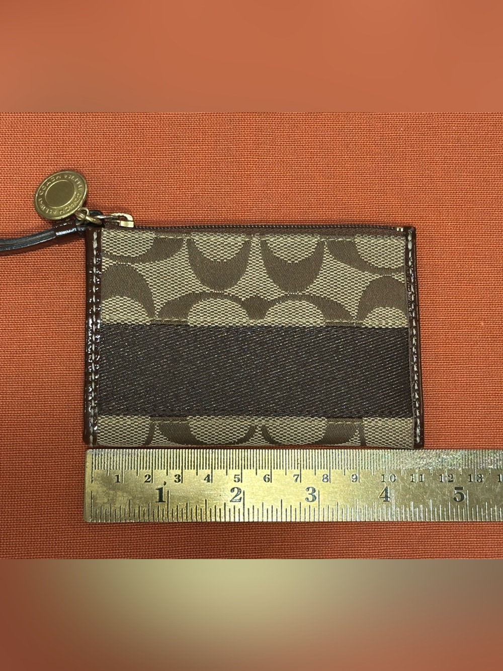 Coach Brown Signature Stripe Card Holder with Gold Medallion
